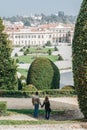 Varese OCT 2018 ITALY - Peoples hand in hand looking View of Gardens of Estense Palace (Palazzo Estense)