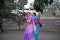 Vari village, Maharashtra, India -January 9, 2018: lovely kinds and their cottages. Daily life in Indian villages near Godavari ri