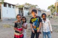 Vari village, Maharashtra, India -January 9, 2018: lovely kinds and their cottages. Daily life in Indian villages near Godavari ri