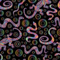 Variagated lizards and snakes seamless pattern, isolated on dblack background.