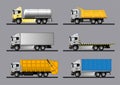 Variants of modern European trucks for the transport of various goods. Vector flat illustration