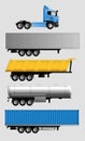 Variants of semi-trailers for a truck for the delivery of various goods. Freight transport, tank, van, container, dump truck.