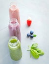 Variaties of Fresh and Cold Smoothies in Bottles Royalty Free Stock Photo