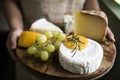 Variation of cheese and green grapes on a wooden platter food photography recipe idea Royalty Free Stock Photo