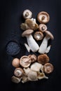 Variation of edible mushrooms with beluga lentils on black background