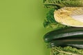 Variation of green vegetables like  zucchini, Chinese cabbage and romaine lettuce with copy space Royalty Free Stock Photo