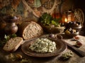 Ancient Roman farmhouse Moretum served with olives figs and bread Royalty Free Stock Photo