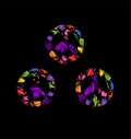 Variation hippie peace symbol with splashed colorful print on black background. Fashion design collection for t-shirt, bag, poster