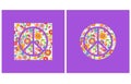 Variation T shirts prints with Hippie peace symbol and flowers pattern on violet background