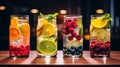 Variation of Water with Fresh Fruits and berries on the table Royalty Free Stock Photo