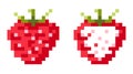 Variations of raspberry pixel icons on a white background.