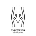 Varicose veins line icon. Venous circulation varicose veins outline vector symbol. Editable stroke