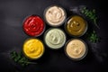 A varied assortment of sauces from spicy ketchup to creamy mayonnaise and spicy mustard are presented in bowls against a black Royalty Free Stock Photo