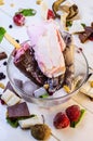 Varied ice cream with fruits and berries in chocolate Royalty Free Stock Photo