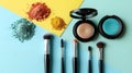 Varied makeup powders and brushes on a color-blocked background.