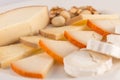 Varied plate of cheeses with goat cheese, rulo, cake, manchego and nuts. Royalty Free Stock Photo