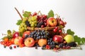 Varied summer seasonal harvest fruit and berries In a wicker basket on a white background. Generative AI Royalty Free Stock Photo