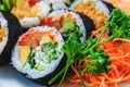 Varied sushi with cucumber maki, Korean carrot, parsley, sea cabbage and salmon maki. Japanese sashimi sushi rolls with salmon roe Royalty Free Stock Photo