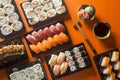 Varied sushi table, seen from above