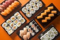 Varied sushi table, seen from above