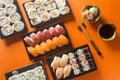 Varied sushi table, seen from above