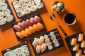 Varied sushi table, seen from above