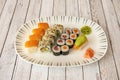 Varied sushi tray with red tuna maki, salmon maki, salmon and avocado nigiri,