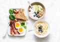 Varied sweet and savory breakfast - bacon with egg and vegetables, spinach salad, yogurt granola and fruit, vegetarian