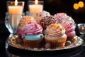 Varied sweetness: Cupcakes, brigadeiros, macarons and colorful truffles make up the scene., generative IA
