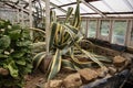 Variegated Aloe Vera grows in a victorian green house in a walled kitchen garden