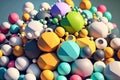 variegated multicolored balls lying in heap on plane as 3d render abstract geometric background, generative ai