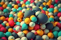 variegated multicolored balls lying in heap on plane as 3d render abstract geometric background, generative ai