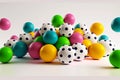 Variegated multicolored balls lying in heap on plane as 3D render abstract geometric background, generative ai