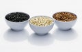 Varieties of beans in bowls, white background Royalty Free Stock Photo