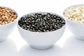 Varieties of beans in bowls, white background Royalty Free Stock Photo