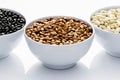 Varieties of beans in bowls, white background Royalty Free Stock Photo