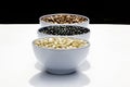Varieties of beans in bowls, white background Royalty Free Stock Photo
