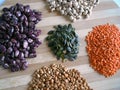 Varieties of beans, pumpkin seeds, lentils.