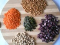 Varieties of beans, pumpkin seeds, lentils.