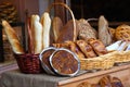 varieties of fresh bread sold in the oven.breads and buns made from various grains