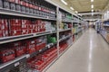 Varieties of soft-drink at groceries shop. Retail industry. Aisle. Grocery store. Merchandise. Nobody. Empty shop without customer