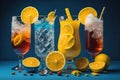 Variety of alcoholic cocktails on blue background. Alcoholic drinks. generative ai