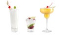 A variety of alcoholic drinks, beverages and cocktails on a white background. Three popular drinks in different glass goblets Royalty Free Stock Photo