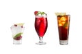 A variety of alcoholic drinks, beverages and cocktails on a white background. Three refreshing different drinks with original Royalty Free Stock Photo