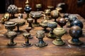 a variety of antique brass door knobs displayed on table