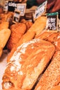 Variety of artisan, baked breads, for sale french market Royalty Free Stock Photo