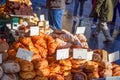 Variety of artisan pastries and breads for sale at a street market stall in the UK Royalty Free Stock Photo