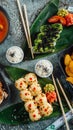 Variety of Asian and Thai dishes in metal trays, arranged in an aesthetically pleasing manner