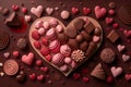 a variety assorted chocolates in heart shapes and scattered candies