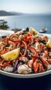 Variety assorted of Greek seafood. Generative AI